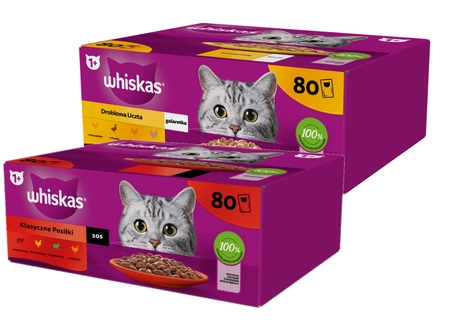 Whiskas klasický výběr ve šťávě pro dospělé kočky 80 x 85 g + WHISKAS Adult sáčok 80 x 85 g Hydinové kúsky